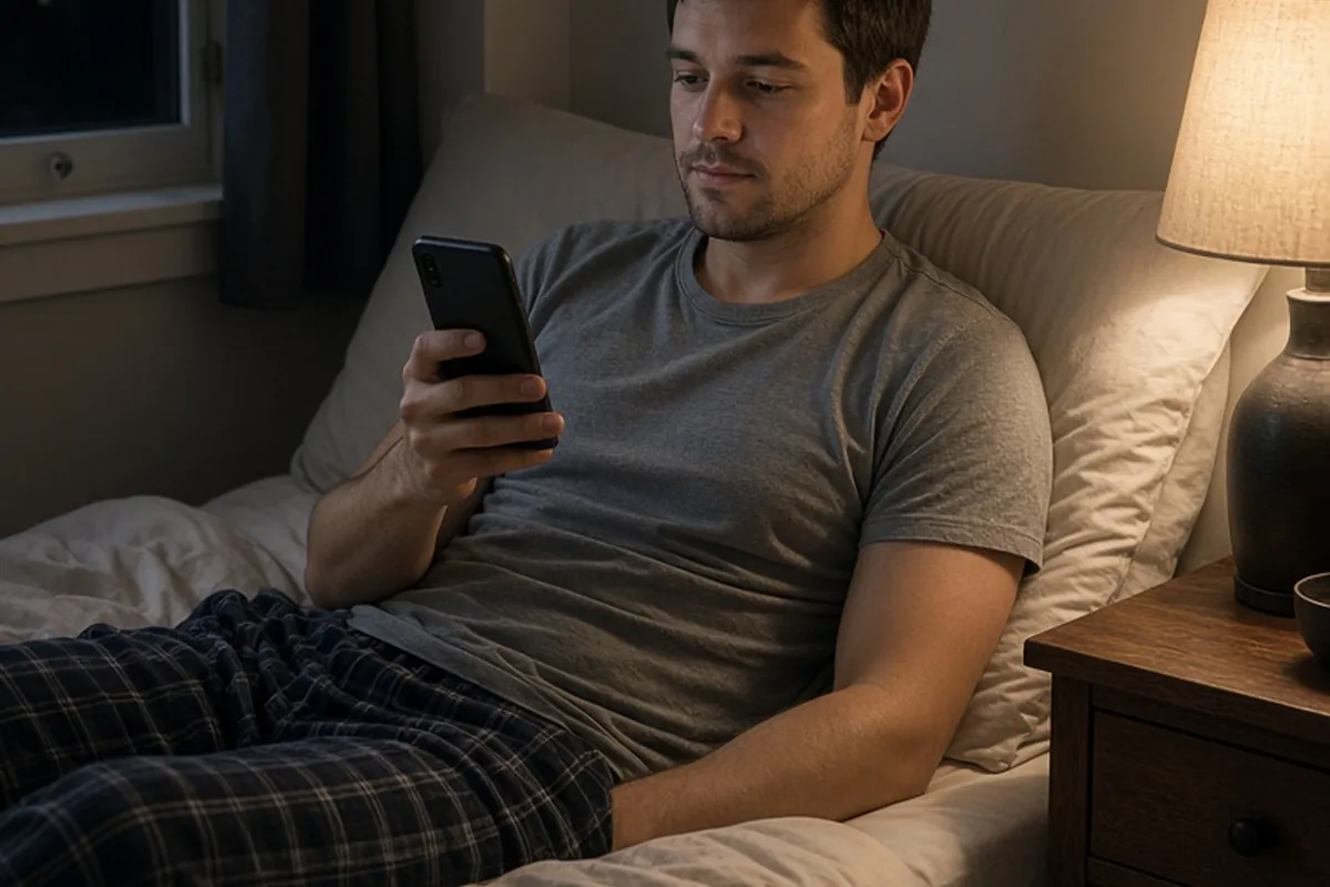 A man sitting up in bed holding his smartphone and placing it on the nightstand in a simple bedroom at night