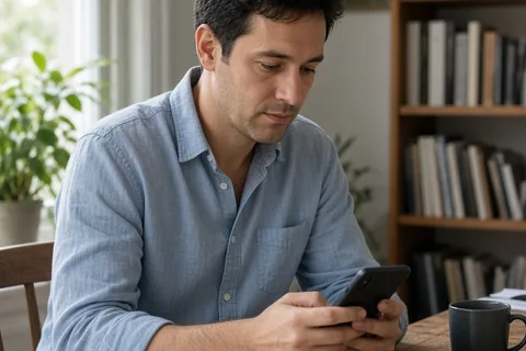 A man in his thirties with short dark hair sitting at a wooden desk, calmly typing on a smartphone with a composed expression in a home office.