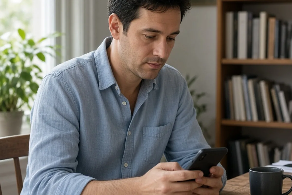 A man in his thirties with short dark hair sitting at a wooden desk, calmly typing on a smartphone with a composed expression in a home office.