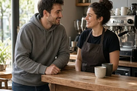 A person in their mid-twenties with short brown hair wearing a gray hoodie offering a compliment to a barista in a cafe