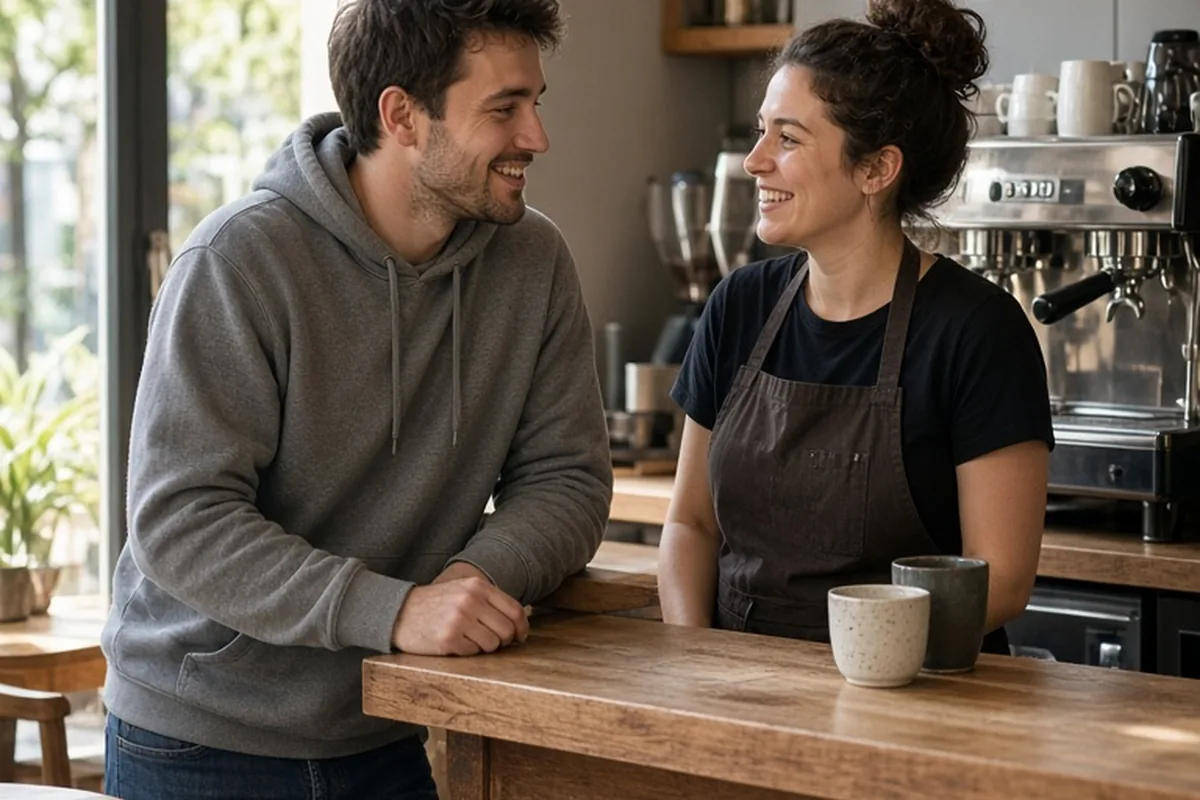 A person in their mid-twenties with short brown hair wearing a gray hoodie offering a compliment to a barista in a cafe