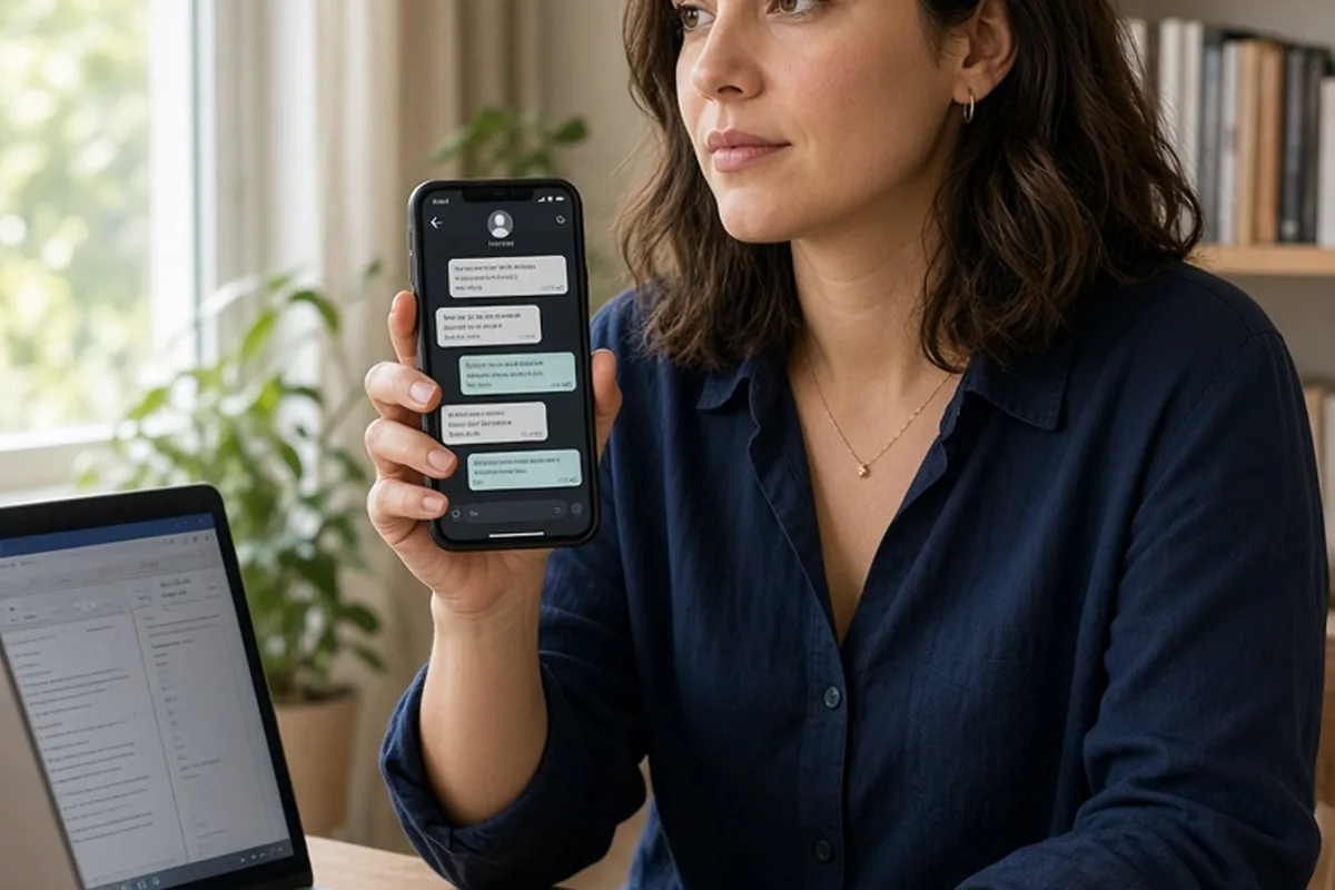 A clearly adult woman in her mid-twenties with shoulder-length brown hair sitting at a desk in a home office, calmly closing her smartphone while looking at her laptop.