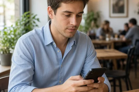 A young man in his mid-twenties with short brown hair sits at a cafe table holding his smartphone, gazing at the screen with a calm expression.