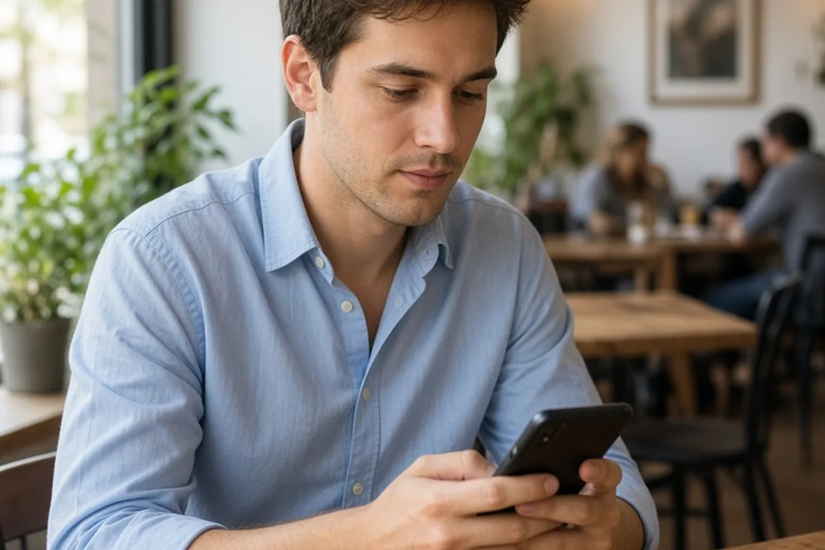 A young man in his mid-twenties with short brown hair sits at a cafe table holding his smartphone, gazing at the screen with a calm expression.