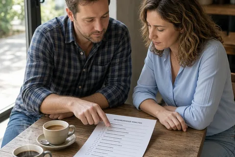 A man in his thirties showing a financial checklist to a woman in her thirties at a cafe table while discussing apartment lease options