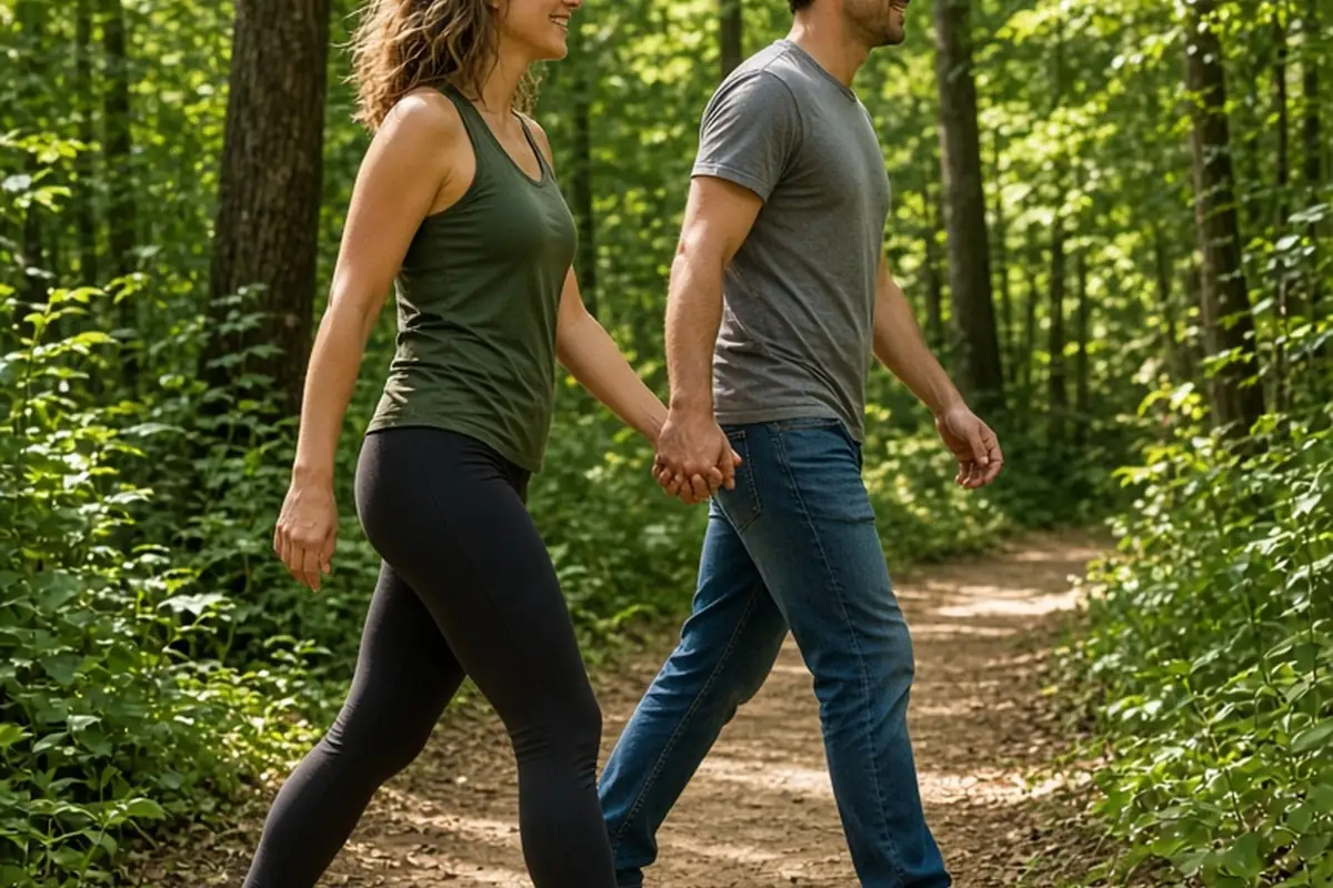 A woman in casual athletic wear walking ahead on a hiking trail while a man follows behind her in casual clothes, with a small rock on the path