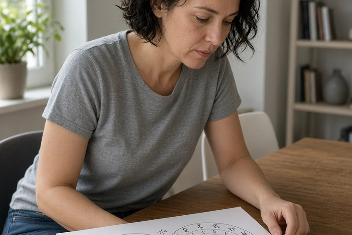 A woman in her thirties with short dark hair sitting at a desk and examining a printed astrology chart