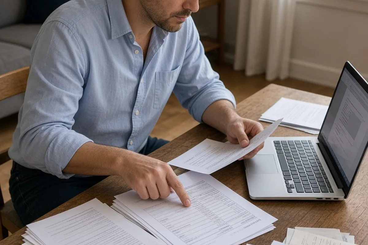 A man in a home living room sorting through relocation documents and a schedule at a wooden table