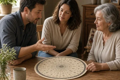 A couple and older family member at a dinner table looking at a zodiac chart