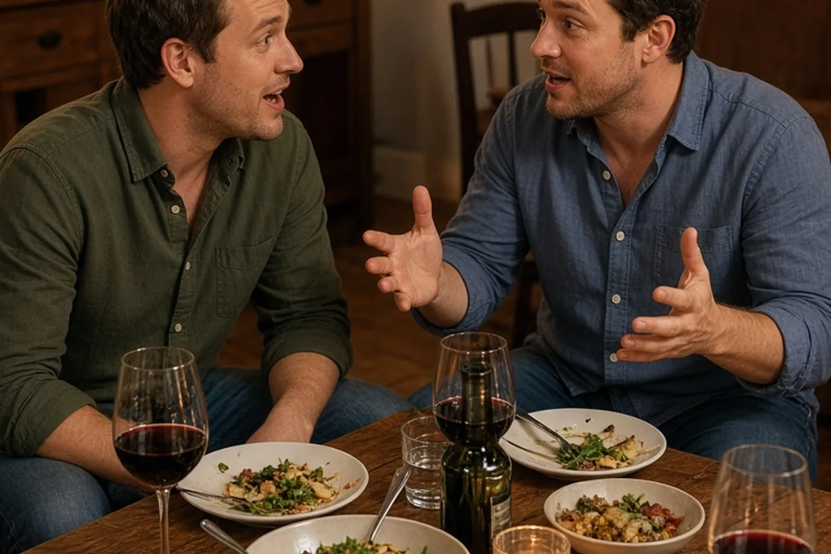Two men seated at a dinner party table during storytelling, one interrupting the other with enthusiasm while the other shows concern.