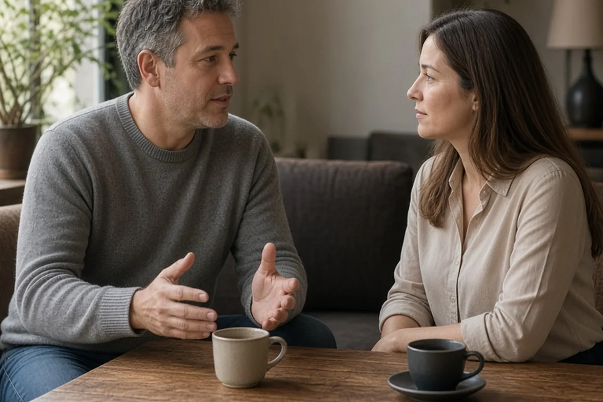 A man and a woman sitting across from each other at a table in a quiet lounge, the man asking the woman about their future relationship while she listens attentively.
