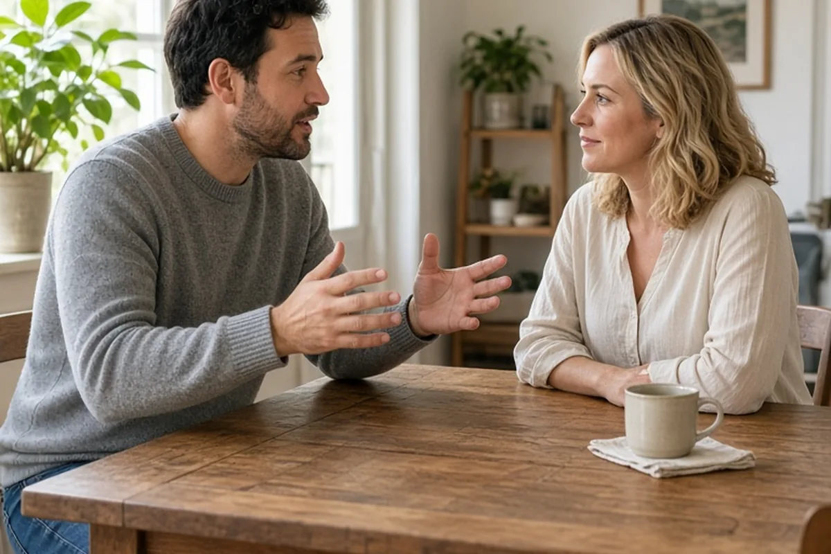 A man and a woman in their thirties seated at a wooden dining table in a bright home interior engaged in a calm conversation about relationship adjustments under natural window light.