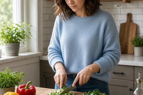 A woman in her early thirties with shoulder-length wavy brown hair wearing a casual light blue sweater and jeans preparing fresh vegetables in a bright kitchen at a wooden counter