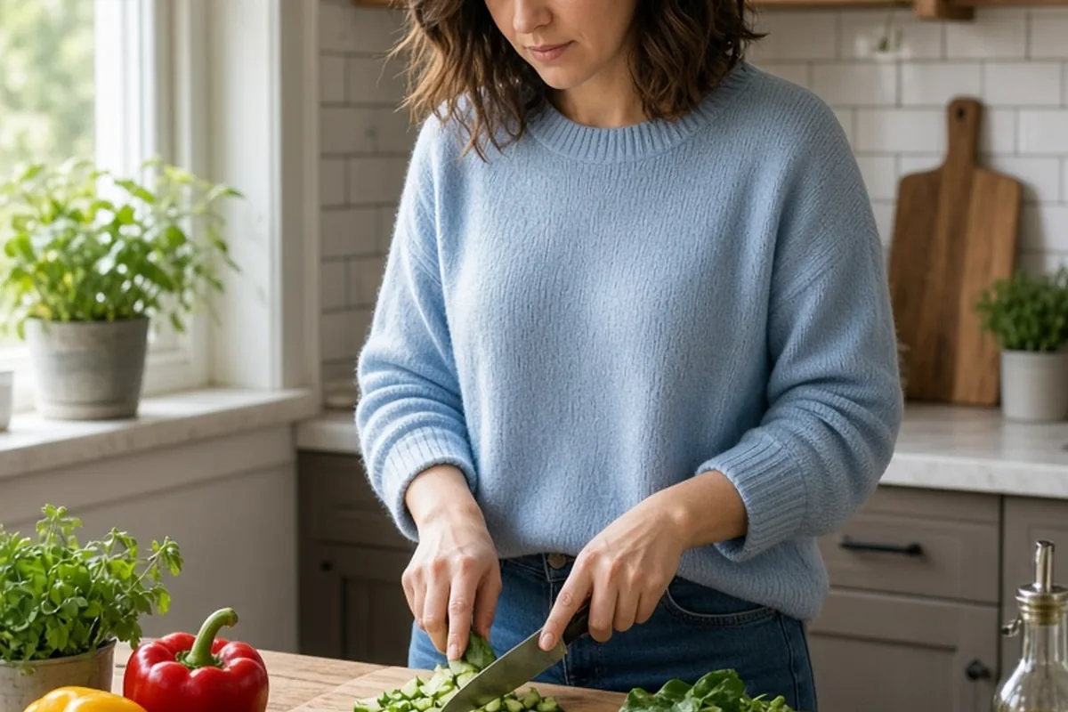 A woman in her early thirties with shoulder-length wavy brown hair wearing a casual light blue sweater and jeans preparing fresh vegetables in a bright kitchen at a wooden counter