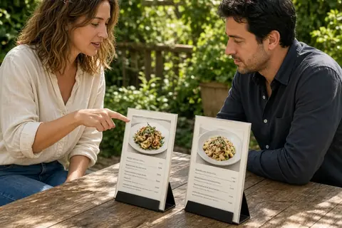 A woman in her mid-twenties with wavy brown hair and a man in his mid-thirties with short dark hair sit at an outdoor cafe table with two menus between them, the woman suggesting options as the man pr