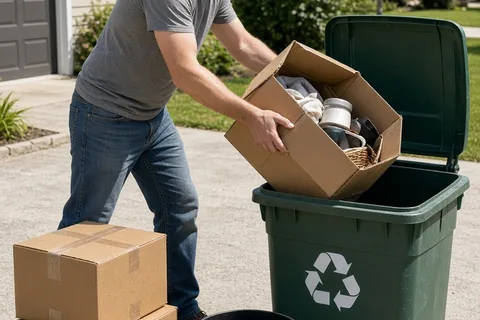 A man in his thirties with short brown hair carrying heavy cardboard boxes to a recycling bin in a sunny suburban driveway
