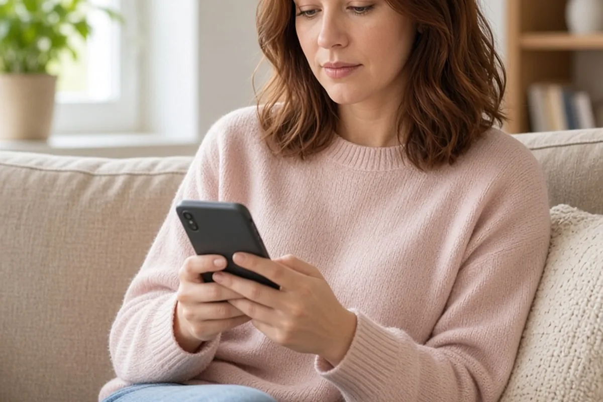 A clearly adult woman in her late twenties with shoulder-length auburn hair wearing a casual light pink sweater and jeans sits on a comfortable sofa in a bright living room, holding her smartphone and