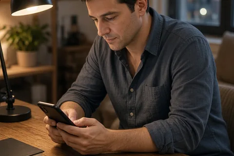 A man in his thirties with short dark hair sitting at a wooden desk typing on his smartphone in a modern apartment