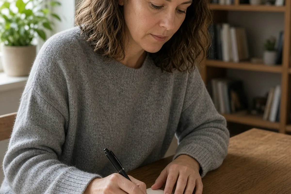 A woman writing a list of boundaries at her desk