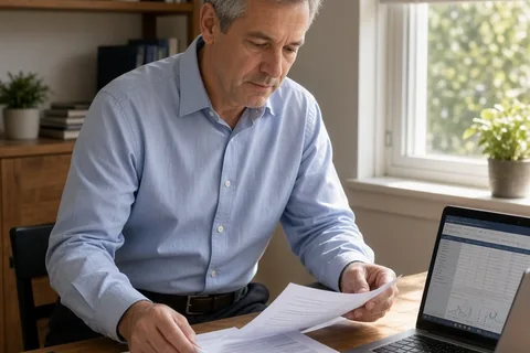 A man in his mid-forties with short salt-and-pepper hair at a wooden desk reviewing a laptop and paper documents in a home office