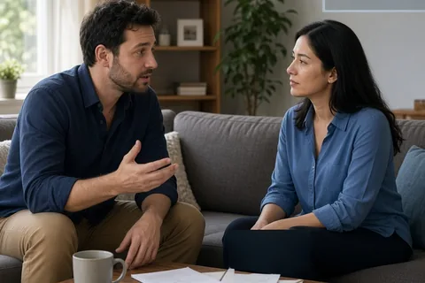 A couple sitting on a sofa in a home living room with the man gesturing as he proposes taking a twenty-minute break to the woman