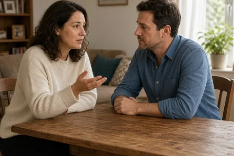 A middle-aged couple sitting at a wooden table in a home living room, the woman speaking to the man about wanting space to share her own experiences.