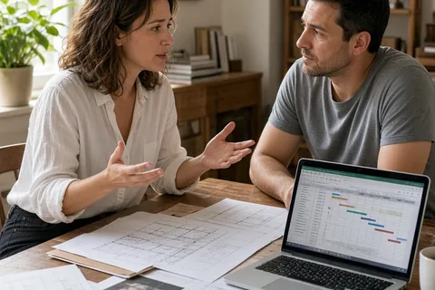A woman in her thirties gesturing while speaking to her husband at a desk with renovation documents and a laptop open to a spreadsheet in a home office