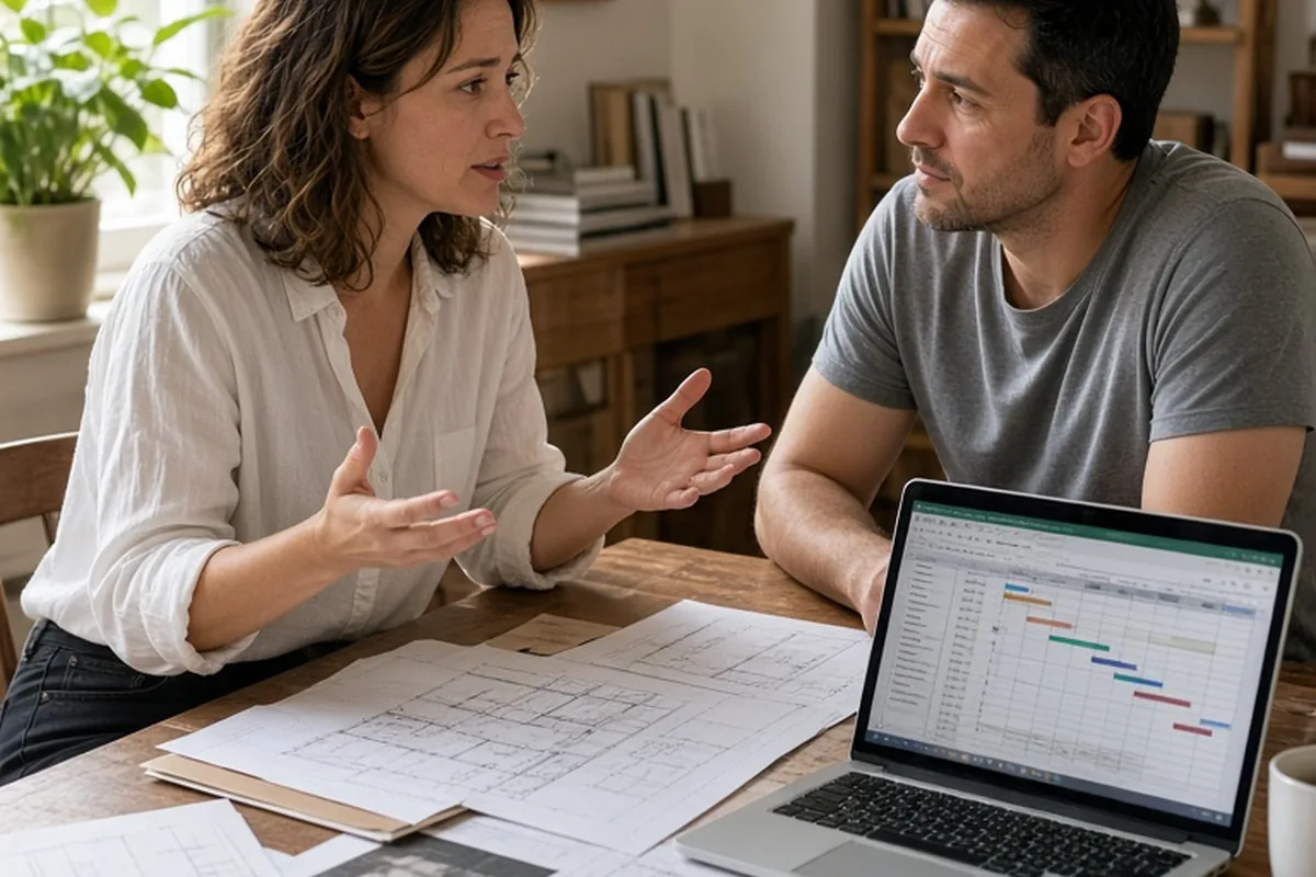 A woman in her thirties gesturing while speaking to her husband at a desk with renovation documents and a laptop open to a spreadsheet in a home office