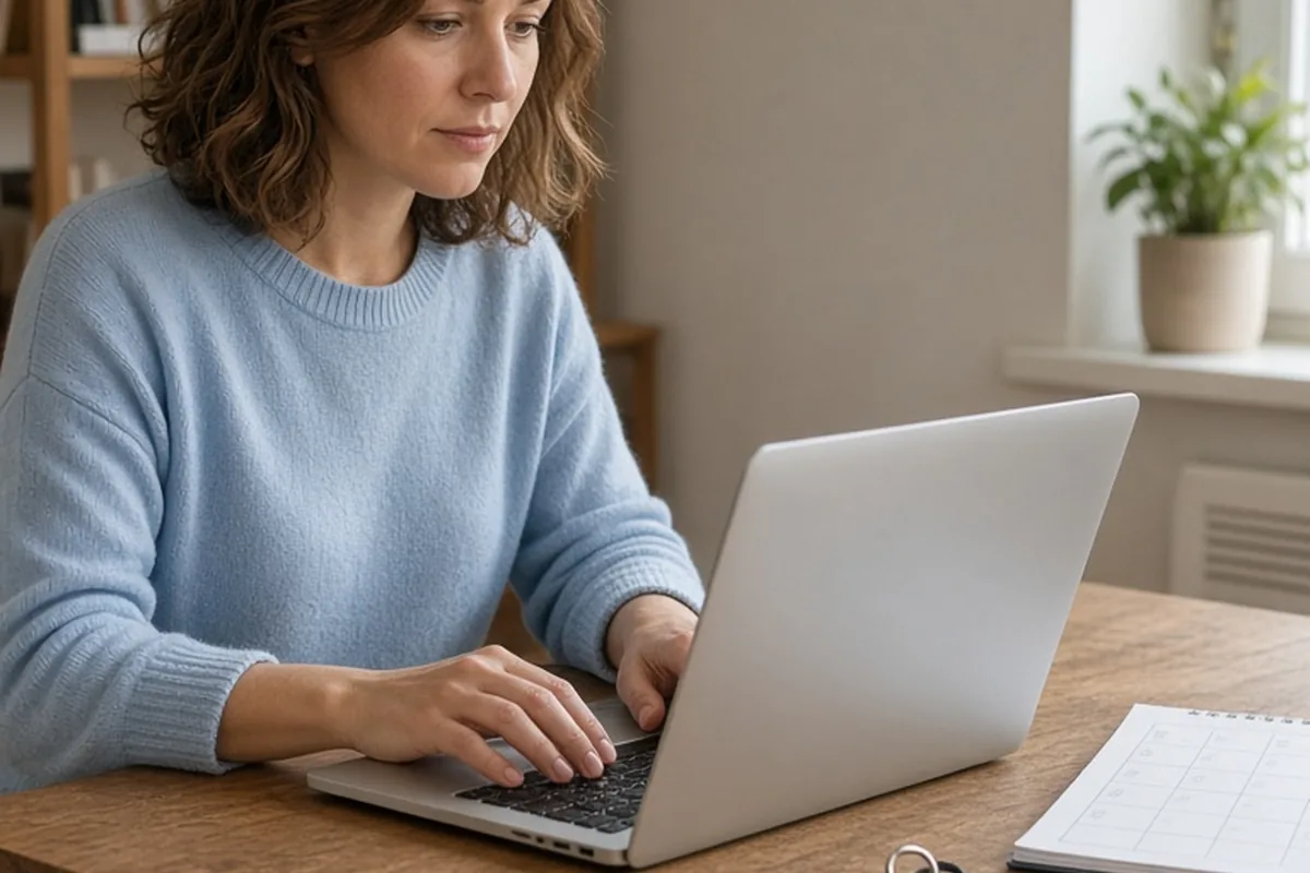 A woman in her early thirties with wavy brown hair sitting at a desk typing an email on a laptop, with apartment keys nearby