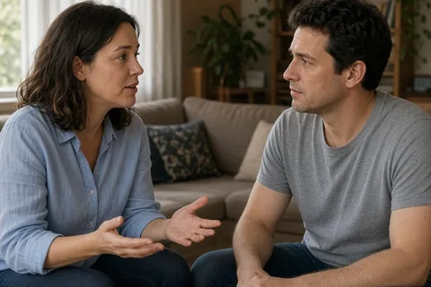 Claire and David sitting at a table in their living room engaged in an honest conversation about social energy and future events