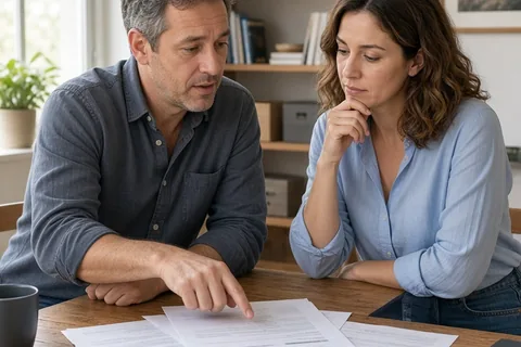 A man and a woman in their 40s sitting at a wooden desk in a home office discussing a disagreement and agreeing to take a structured pause