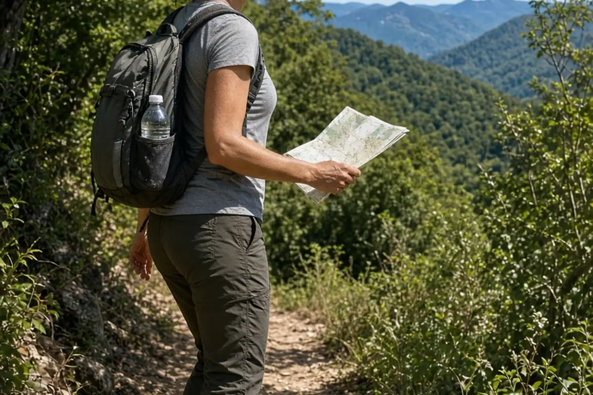 A woman with wavy brown hair hiking on a mountain trail holding a map while wearing hiking clothes, captured in a side view with natural sunlight.
