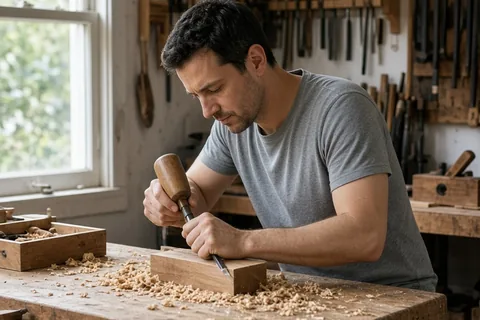 A man in his thirties with short dark hair and light stubble working on a woodworking project at a bench in a home workshop with his phone on a nearby shelf out of reach