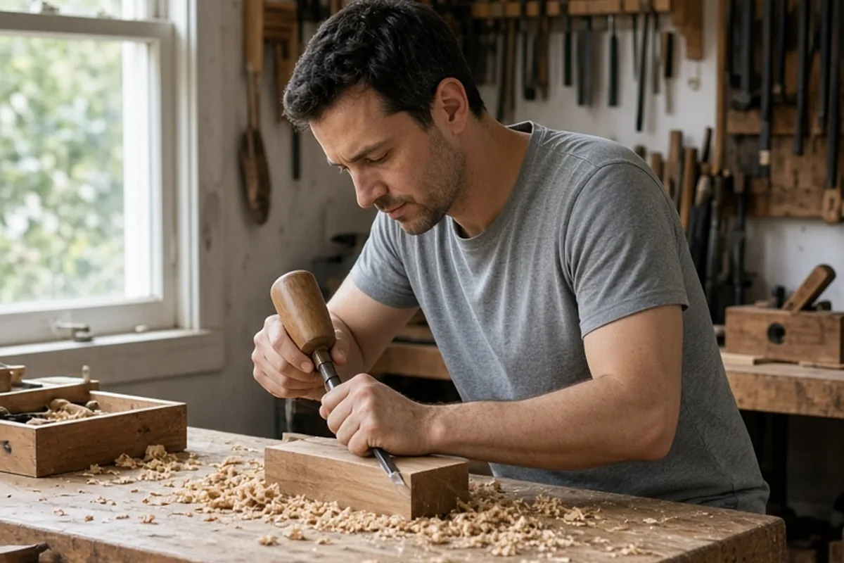 A man in his thirties with short dark hair and light stubble working on a woodworking project at a bench in a home workshop with his phone on a nearby shelf out of reach