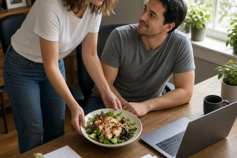 A woman places a plate of salad and grilled chicken on a man's desk in a home office while he works on his laptop.