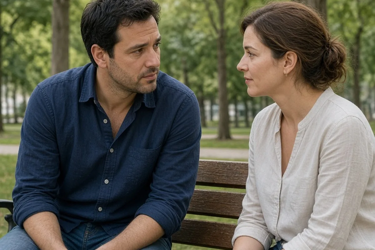 A clearly adult man leaning slightly forward while locking eyes with a clearly adult woman seated on a wooden bench in a quiet park