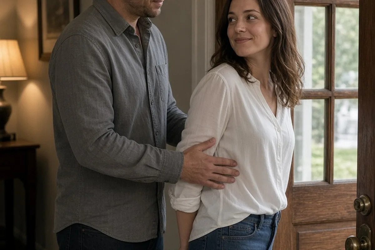 A man in casual attire placing his hand on a woman's lower back as they walk through a doorway together.