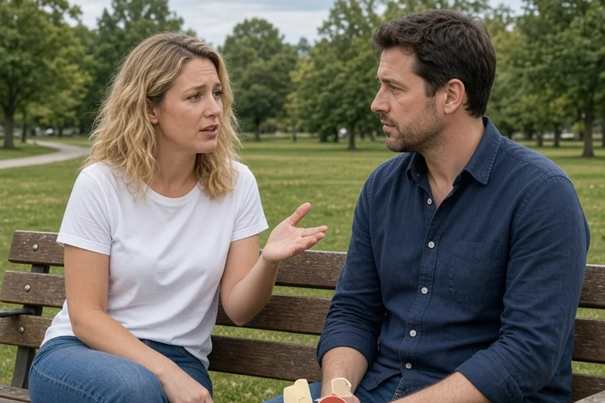 A woman with shoulder-length wavy blonde hair on a park bench gesturing while speaking to a man with short brown hair who listens attentively.