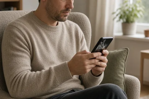 A mid-thirties man with short brown hair sitting in a living room armchair holding a smartphone and looking at the screen with a calm disappointed expression