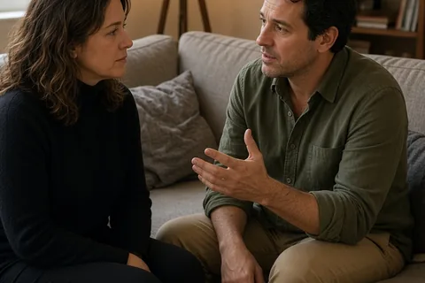 A middle-aged couple sitting on a sofa in a living room, the man gesturing as he proposes taking a two-hour timeout to the woman.