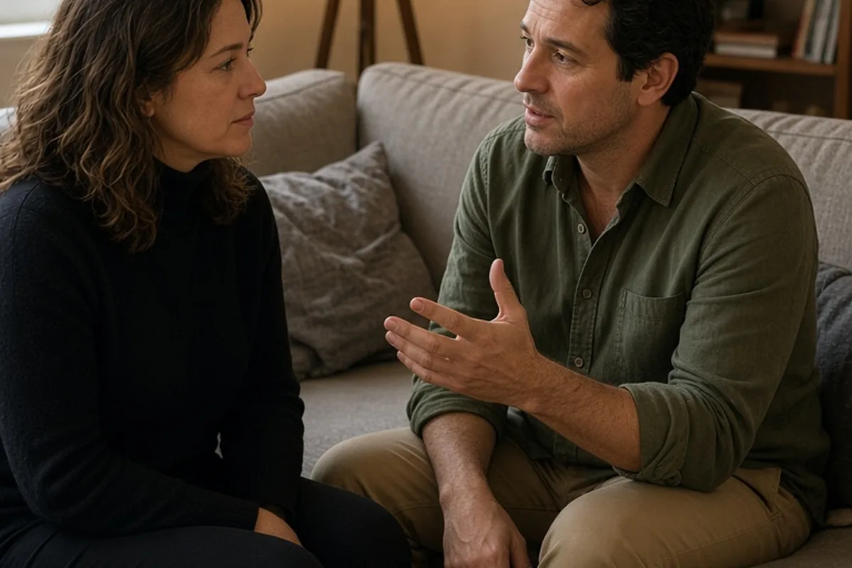 A middle-aged couple sitting on a sofa in a living room, the man gesturing as he proposes taking a two-hour timeout to the woman.