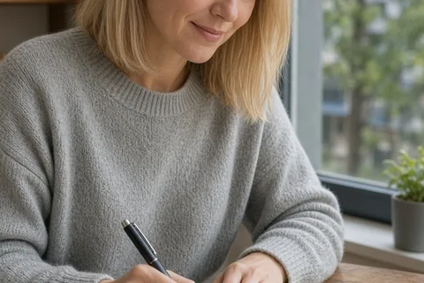 A clearly adult woman with shoulder-length straight blonde hair writing in a journal by a window at a wooden table, pen in hand