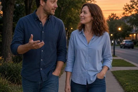 A man and woman in their early thirties walking hand in hand along a tree-lined suburban sidewalk at dusk, engaged in conversation