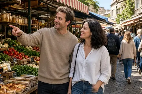 Couple at a bustling outdoor food market, man gesturing at a food stall suggesting the next adventure to the attentive woman