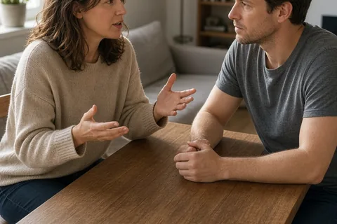 A woman in her thirties calmly speaking to a man in his thirties at a wooden table, gesturing with her hand to emphasize her point.