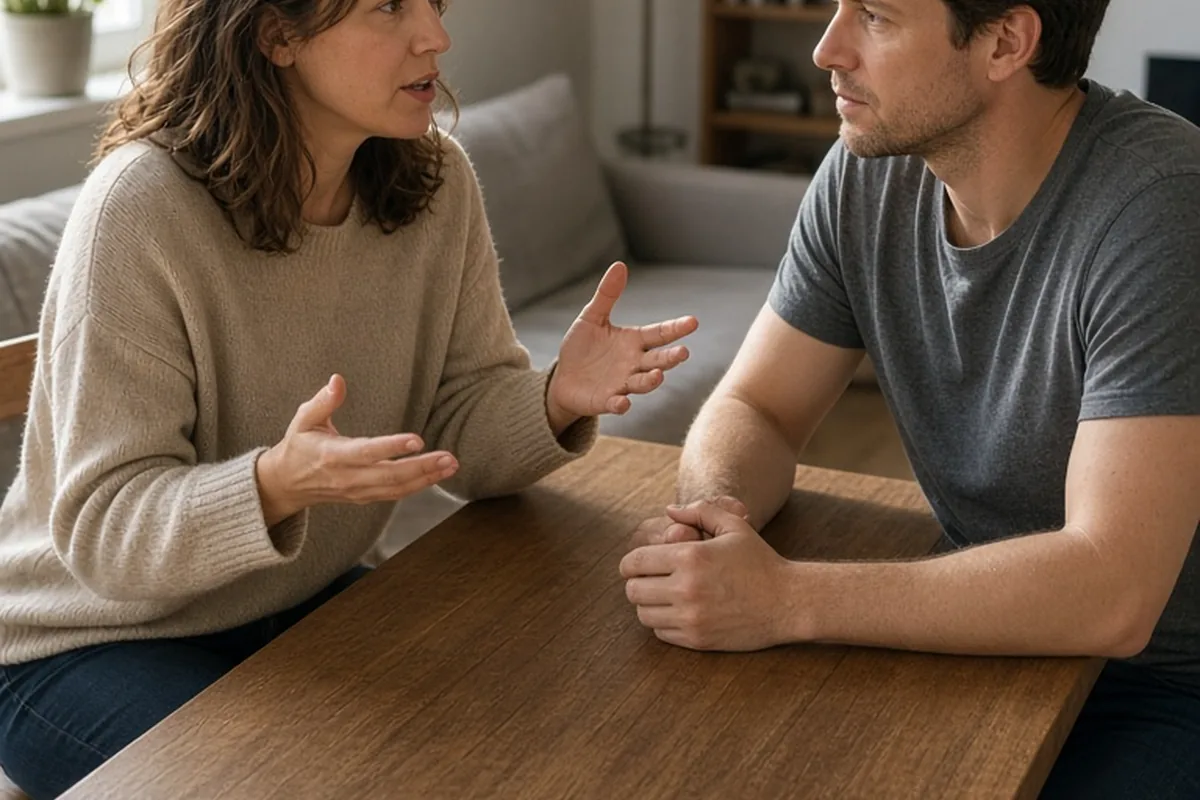 A woman in her thirties calmly speaking to a man in his thirties at a wooden table, gesturing with her hand to emphasize her point.
