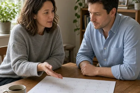 A woman in her thirties with shoulder-length wavy brown hair wearing a gray sweater and a man in his thirties with short brown hair wearing a light blue button-up shirt seated at a wooden table in a h