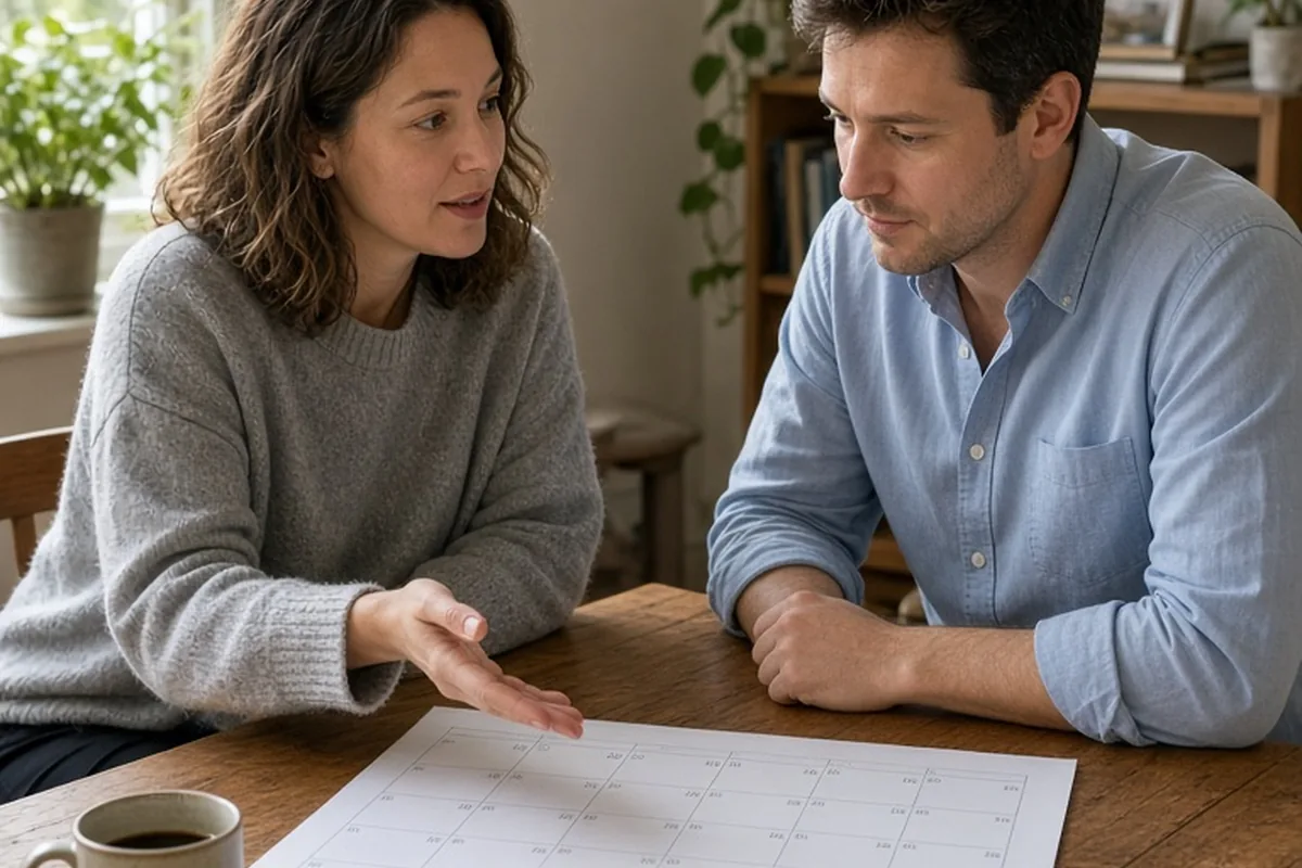 A woman in her thirties with shoulder-length wavy brown hair wearing a gray sweater and a man in his thirties with short brown hair wearing a light blue button-up shirt seated at a wooden table in a h