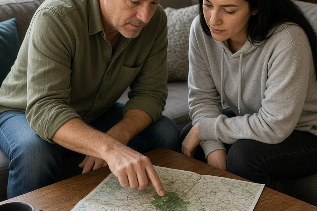 A man and a woman sitting at a wooden table in a living room examining a travel map together as they plan a weekend trip