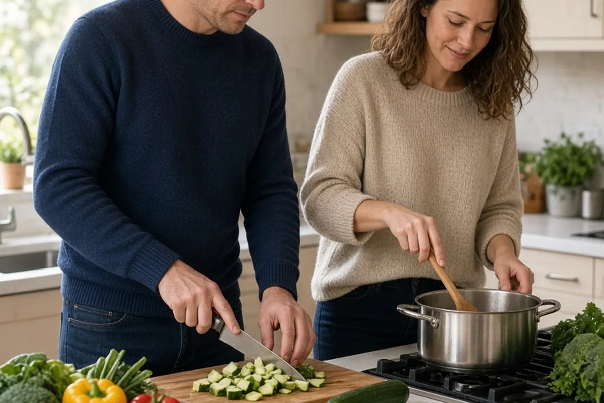 Man and woman in kitchen preparing meal together at counter
